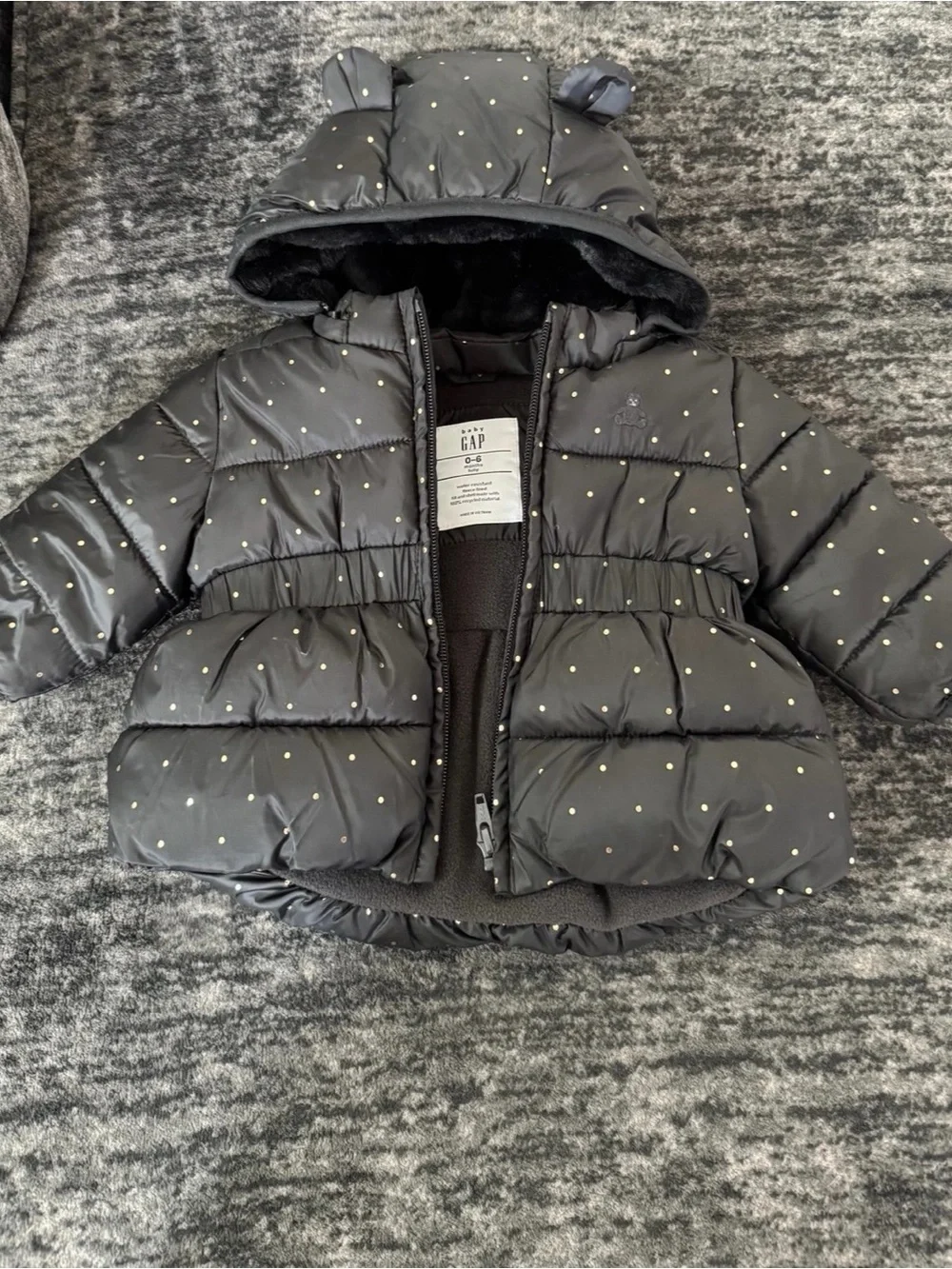 GAP Black Puffer Jacket with Gold Dot Print and Hood